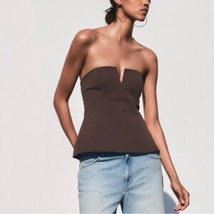 Zara Linen-Look Strapless Bandeau Top in Dark Brown Size Large 4661/052/700